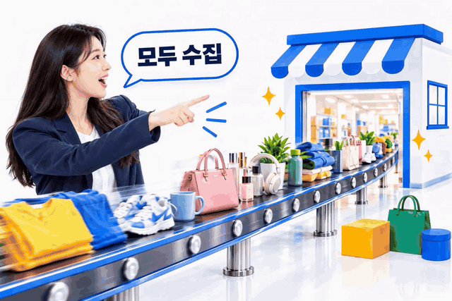 '모두 수집'이라고 외치자 상품들이 컨베이어 벨트를 타고 쇼핑몰로 들어가는 모습