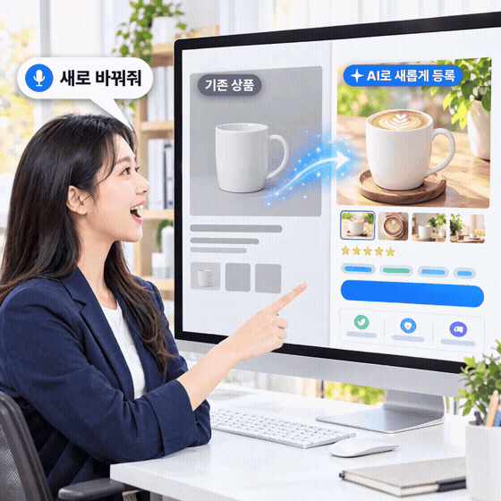 '새로 바꿔줘'라고 말하자 AI가 칙칙한 기존 상품 사진을 감성 대표이미지와 새 상세페이지로 바꿔 등록하는 모습